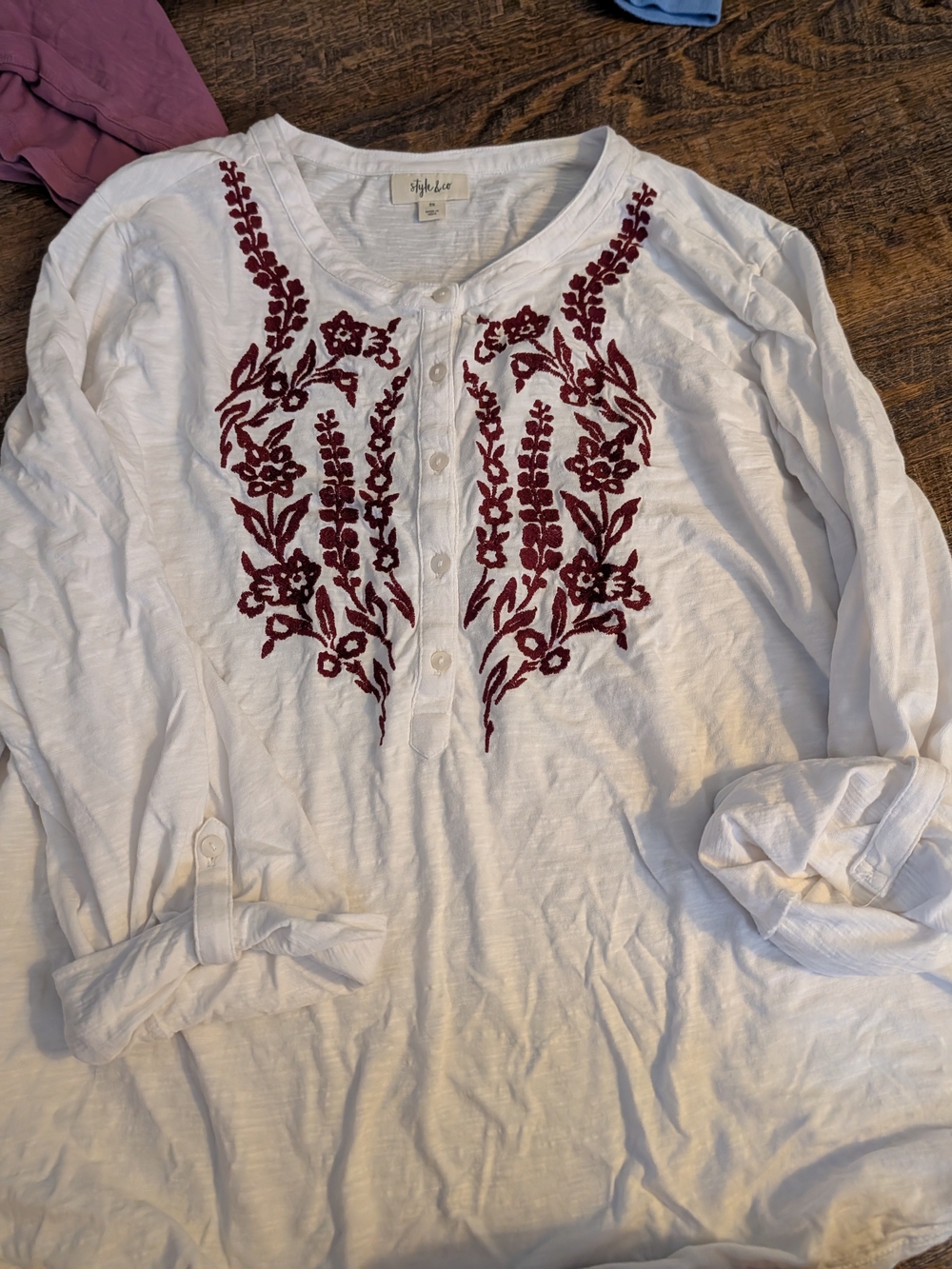 Style & Co. White Long-Sleeve Henley with Burgundy Floral Embroidery